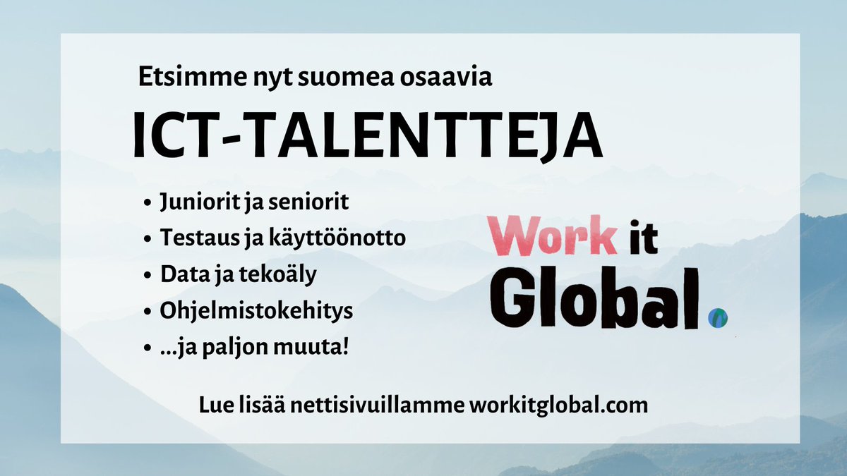 workitglobal's tweet photo. Haemme nyt laaja-alaisesti ICT-alan osaajia kirjautumaan osaajapooliimme. Tutustu lisää, rekisteröidy ja tule näkyville osaajaksi! https://t.co/OmlGDPamJ4 

#workitglobal #osaajapula #rekrytointi #töitätarjolla #newwayofworking #icttalent https://t.co/SzG45fsn1c