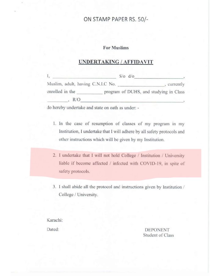 MJibranNasir's tweet photo. #Dow, the premier Govt Medical Uni in Sindh. As country faces 2nd corona wave students say that uni claims to have "safety protocols" for exams but has failed to inform students what they are &amp; instead is making them sign affidavits to not hold Dow accountable if they get corona https://t.co/DJlAALs4hO