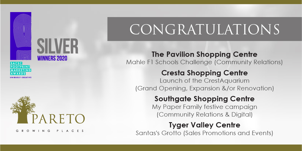 ParetoLtd's tweet photo. Congratulations to our centres who received Silver awards at the SACSC awards for various categories.
#paretolimited
#sacscawards 
#ThePavilionShoppingCentre
#CrestaShoppingCentre
#southgateshoppingcentre
#tygervalleyshoppingcentre https://t.co/JMNocPzhzE