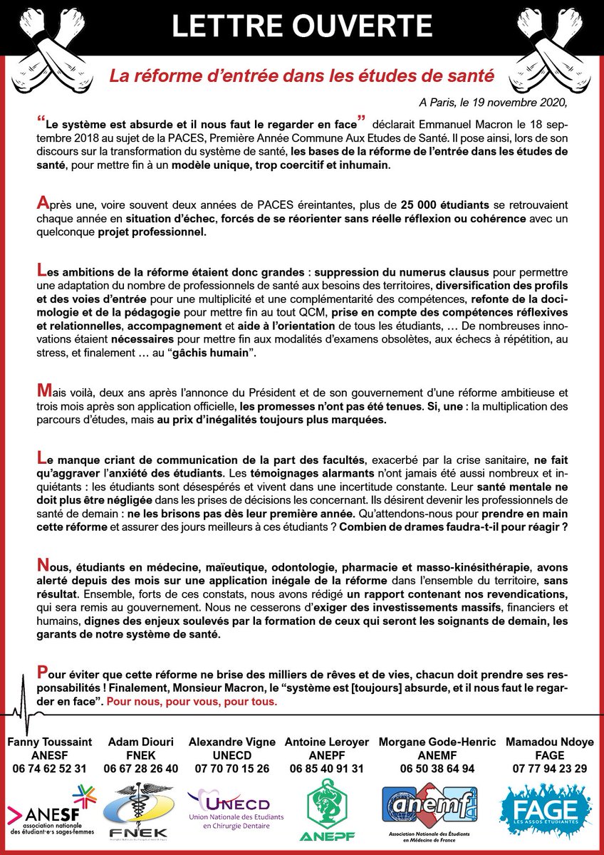 ANEMF's tweet photo. 🔴 MES ÉTUDES, VOTRE SANTÉ 🔴

Les fédérations de #santé unies à travers cette lettre ouverte pour dénoncer les conditions d’études déplorables dues à la #R1C dans un rapport destiné aux ministères. 📃 

✊ Disons STOP. Pour nous, pour vous, pour tous!

#PronosticMentalEngagé https://t.co/t1cVCYKLNS