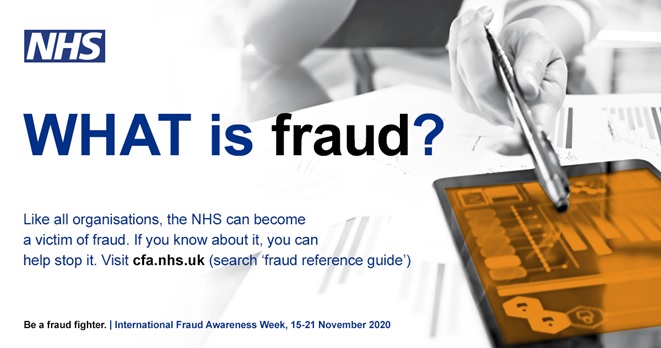 AlderHey's tweet photo. It’s International Fraud Awareness Week. What will YOU be doing to ‘think globally, act locally’ to fight fraud? #fraudweek #NHSfraud #IFAW2020 https://t.co/WXYmSivZ5v