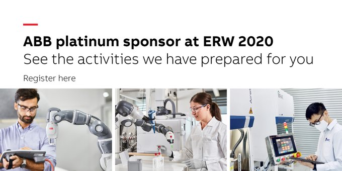 ABB participa como patrocinador platino en la European Robotics Week #ERW2020 que comienza la próxima semana.

Únete del 📅 23 al 25 de noviembre a nuestros 
💻 Webinars
👩🏽‍🏫 Eventos virtuales
👁  Visita al laboratorio virtual
Regístrate ya 👉🏼bddy.me/35IwiIN