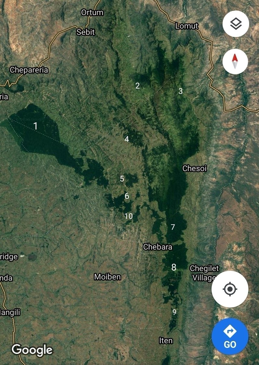 The blocks of forest that form the Cherangany Hills Forest are highlighted in this image.1. Kapcherop (Kapkanyar, Kapolet & Kiptaberr forest blocks). 2. Lelan3. Embobut4. Kererr5. Kaisungurr6. Toropket 7. Sogotio8. Kapchemutwa9. Bugar10. Chemurokoi
