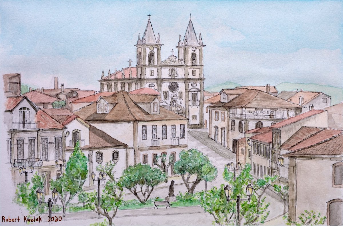 RobertKwolek's tweet photo. For my housemate's birthday, I painted a watercolour of her hometown in northeast Portugal. 
It's a town of just 7000 people but still has a strongly defined town centre and a richness of public buildings and spaces. https://t.co/EsT6bm8aIB