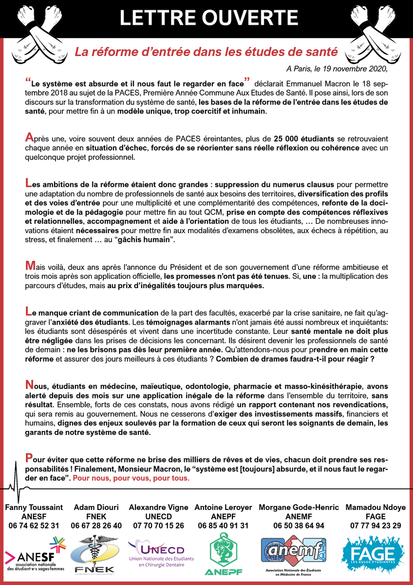 La_FNEK's tweet photo. 🔴 MES ÉTUDES, VOTRE SANTÉ 🔴

Les fédérations de #santé unies à travers cette lettre ouverte pour dénoncer les conditions d’études déplorables dues à la #R1C dans un rapport destiné aux ministères. 📃 

✊ Disons STOP. Pour nous, pour vous, pour tous!
#PronosticMentalEngagé https://t.co/NnsSw6KOpp