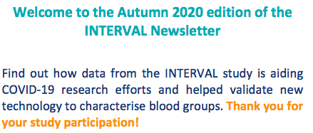 DonorHealthBTRU's tweet photo. Check out the latest INTERVAL Study newsletter: https://t.co/xvGmJ1Q6ji Updates on the TRACK-COVID study and using health record data; and an introduction to a simple-to-use DNA test for determining exact blood type. @BTRUinStemCells @NHSBT_RD https://t.co/9emHUUa5XL