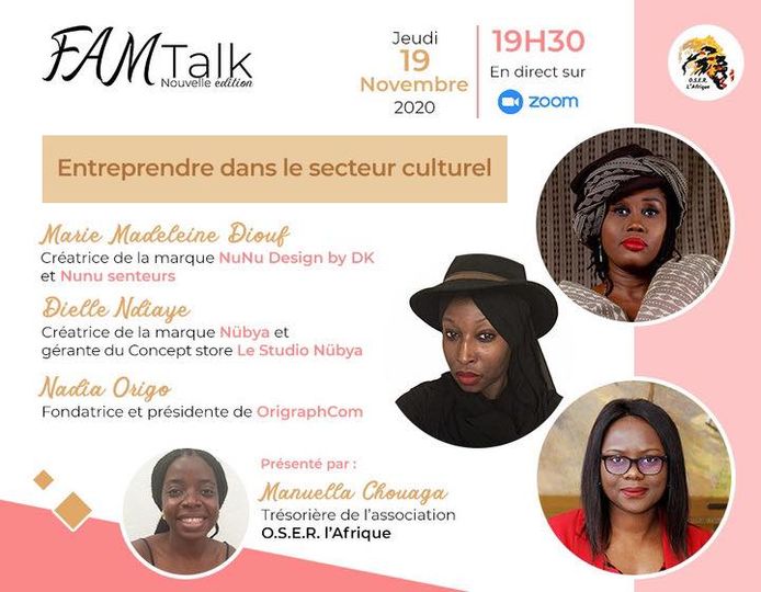 OBotama_aic's tweet photo. ✨ #FAMTALK✨ c'est aujourd'hui🤩
Rdv "tchap tchap" sur #ZOOM à 19H30 GMT avec les boss ladies de @OSERLAFRIQUE qui nous parleront de l'entrepreneuriat
dans le secteur culturel
https://t.co/WX8Sa9P6Wa
#oserlafrique #afrique #culturel #empowerwoman https://t.co/pIWAqzaxLI