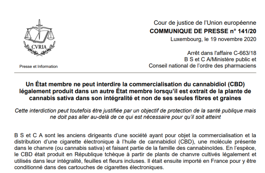 Nouvelle étape décisive. On y croyait plus, la Cour de Justice de l'Union Européenne nous donne raison sur les produits CBD. Un pays ne peut les interdire. C'est une immense victoire contre la prohibition ! <a href="/Ingrid_Mtn/">ingridmetton</a>, <a href="/yannbisiou/">yann bisiou</a>, <a href="/antonincohen/">Antonin 🌞</a> <a href="/alphacat_420/">Sebastien Beguerie</a> !