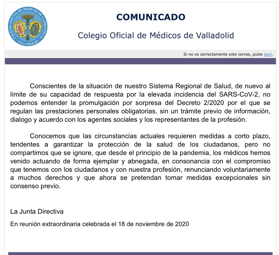 ICOMVALLADOLID's tweet photo. Comunicado de la Junta Directiva del @ICOMVALLADOLID sobre el Decreto 2/2020 por el que se regulan las prestaciones personales obligatorias 👇 https://t.co/tLvaWtKGS3