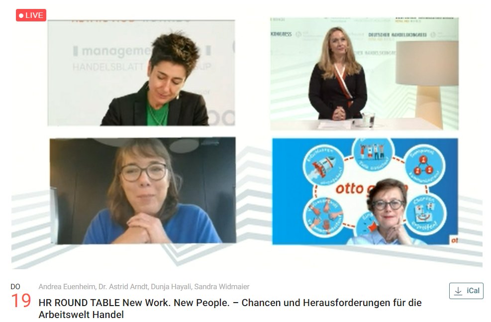 "Veränderung und Lernen wird selbstverständlicher Teil der Arbeitswelt", sagt @SandraWidmaier bei "Chancen und Herausforderungen für die Arbeitswelt" #DHK20. Die Otto Group bietet mit TechUcation intern umfassendes Weiterbildungsprogramm. #NewWork <a href="/handelsverband/">Handelsverband HDE</a> <a href="/handelskongress/">Handelskongress</a>