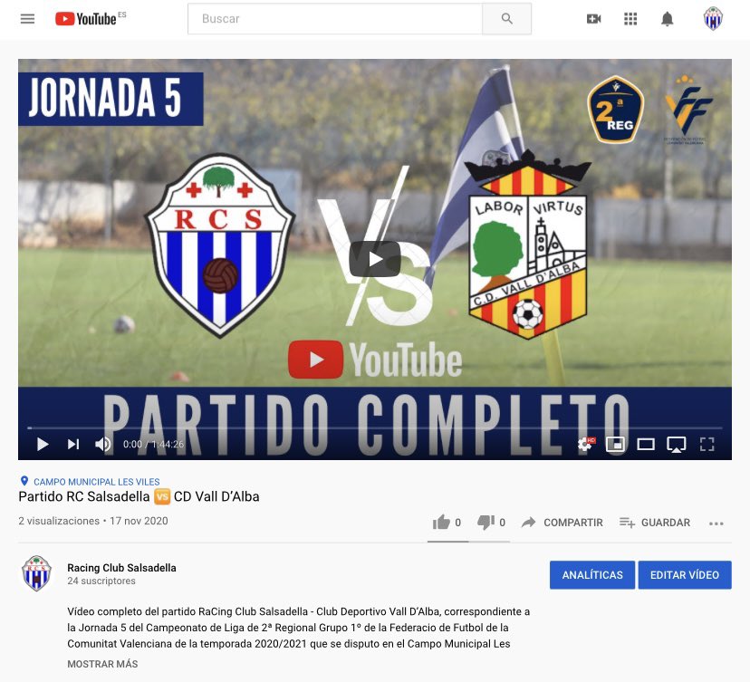 Vídeo completo del <a href="/RCSalsadella/">Racing Club Salsadella</a> - @CDValldAlba , correspondiente a la Jornada 5 del Campeonato de Liga de 2ª Regional G.1º de la <a href="/FFCV_info/">FFCV</a> de la temporada 2020/2021 que se disputo en el Campo Mpal. #LesViles.
youtu.be/Xc0MbS-dhWA
#JoSocDelRacing #SomosRacing #SomFutbol