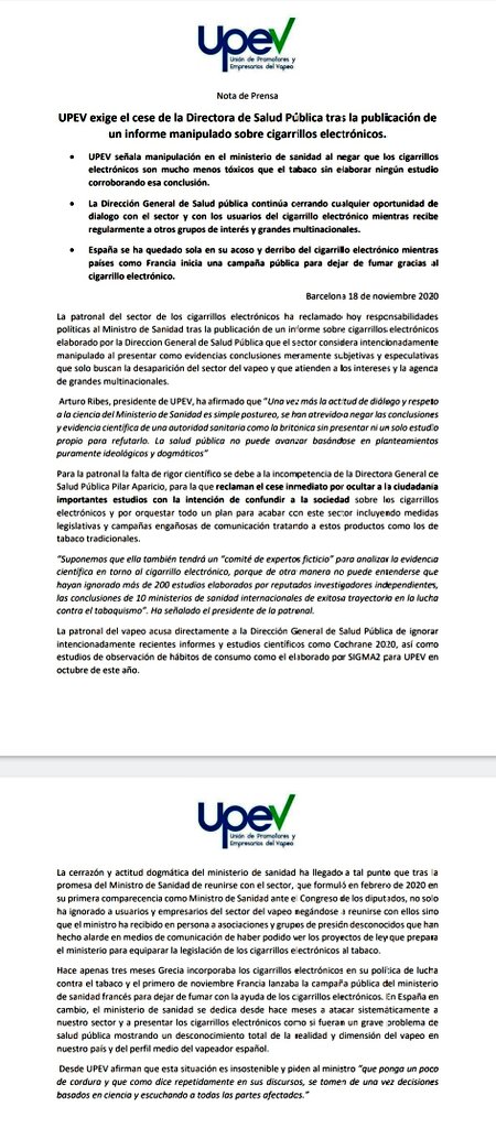 🚨La <a href="/UPEVasociacion/">UPEV</a> no puede tolerar en modo alguno la manipulación de la evidencia científica. 

Exigimos al ministro <a href="/salvadorilla/">Salvador Illa Roca</a> el cese inmediato de la Directora General de Salud Pública por la manipulación del informe sobre cigarrillos electrónicos. 

#AparicioDimision