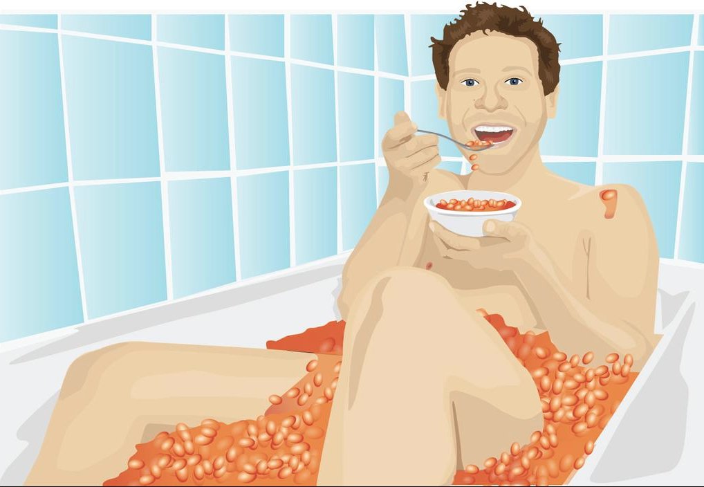a drawing of Olly Mann eating a bowl of baked beans while sitting in a bathtub filled with baked beans