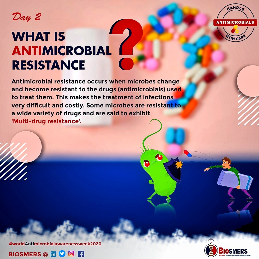 Biosmers_'s tweet photo. Day 2: Antimicrobial resistance occurs when microbes develop the ability to counter the effects of drugs usually used to kill them.
This causes a lot of treatment failures.

# #globalhealth #antibiotics #AMR  #AntimicrobialResistance #AntibioticResistance https://t.co/650u9WEq6z