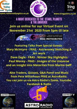 Don't forget to join us this Saturday 31st November for our Virtual event.
#NWAstroFest  #Astronomy #Space <a href="/NWAstroFest/">NWAstroFest</a> @AstroRadioEarth