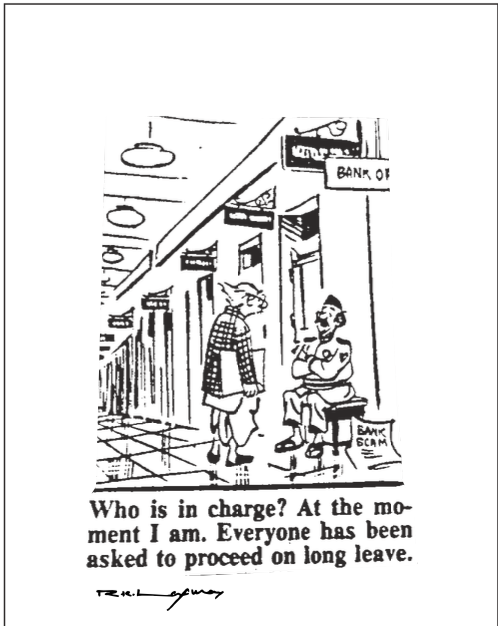 YET another  #RKLaxman cartoon that depicts the kind of clean up that happened at banks after the scam! Unfortunately, memory is short, even institutional memory and few bankers or bank chairman learnt any lessons! Bad loan saga says it all !  @Moneylifers  @LaxmanLegacy