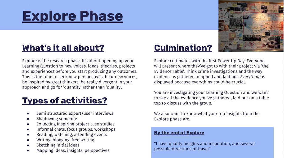 2/ Week 2The Explore Phase has begun. It's about research, divergence & making as many connections as you can in 2 months.Explore is 1/3 phases, based on the  @designcouncil double diamond:  http://designcouncil.org.uk/news-opinion/what-framework-innovation-design-councils-evolved-double-diamond  @Rebeccaannbirch we're still using the resources you made 