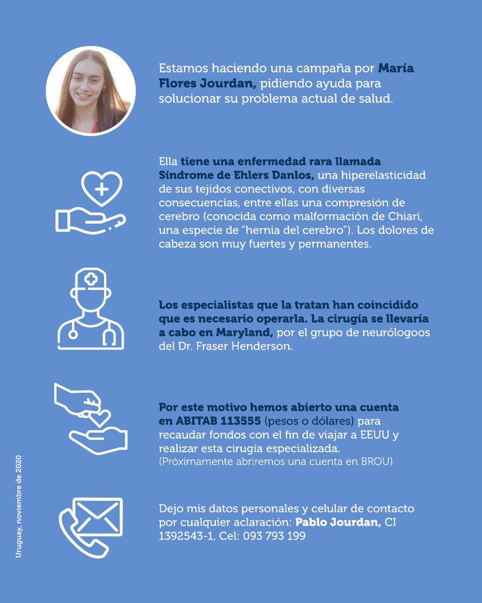 Hola!!

Hoy me toca pedirles algo 

María es una compañera de mi hija mayor, alegre como pocas, que hace unos 3 años empezó a desmayarse

Su salud empeoró, tiene una enfermedad rarísima 

Están planteando la posibilidad de tratamiento y necesita ayuda!!

Yo la pido por ella 🙏
