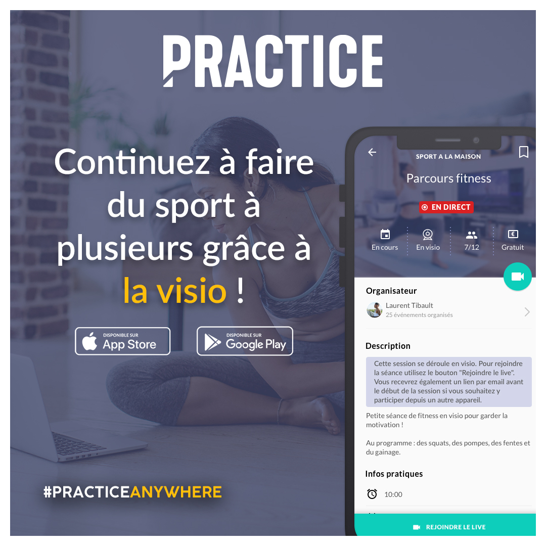 PracticeTeam's tweet photo. Pendant le confinement, continuez de faire du sport à plusieurs, grâce à la visio !
Practice vous propose désormais de créer ou de rejoindre des sessions en visio directement dans l’app, ou sur votre PC !
#sport #confinement #motivation https://t.co/KawKVndQdg