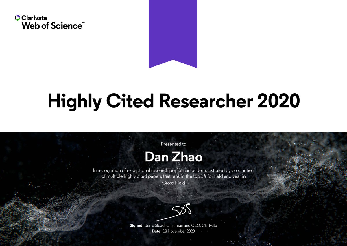 Proud to be named a Highly Cited Researcher 2020 for significant influence in Cross-Field through publication of multiple papers, highly cited by my peers, over the last decade. See the full list of #HighlyCitedResearchers 2020