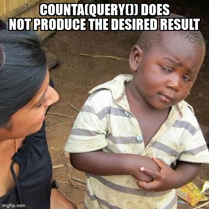 overflow_meme's tweet photo. COUNTA(QUERY()) does not produce the desired result https://t.co/rkv7dVG3Qq #googlesheetsformula #googlesheets #googlequerylanguage https://t.co/GvXciPIqNl
