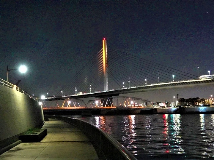 北 弘文 東京スカイツリーとかつしかハープ橋 かつしかハープ橋は楽器のハープのような形をした橋 屋形船が行き来しています 東京スカイツリー かつしかハープ橋 屋形船