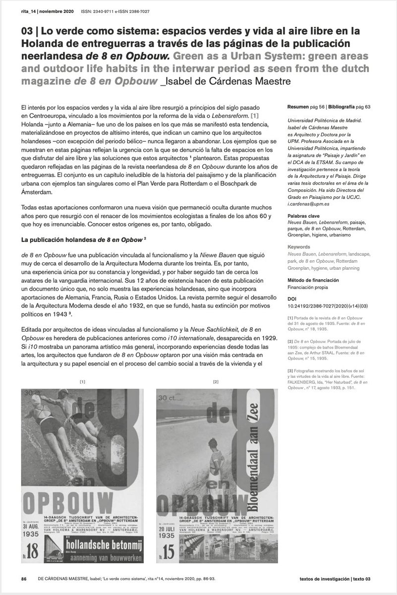 icardenasm's tweet photo. Acabo de publicar un artículo en la Revista Indexada Rita_  "Lo verde como sistema: espacios verdes y vida al aire libre en la Holanda de entreguerras a través de las páginas de la publicación neerlandesa de 8 en Opbouw" Se puede consultar en:
https://t.co/vWrdcV4Y3t https://t.co/GAEHresFbM