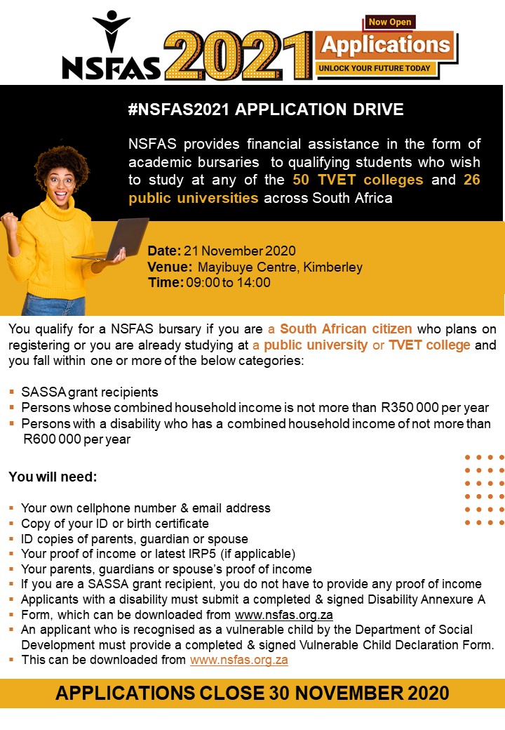 myNSFAS's tweet photo. NSFAS officials will embark on a #NSFAS2021 application drive at Mayibuye Centre in Kimberley. If you plan on studying or know someone who plans to study in 2021 but needs financial assistance, come through to find our more.
#ApplyWithUs https://t.co/ssoGxtgJt8