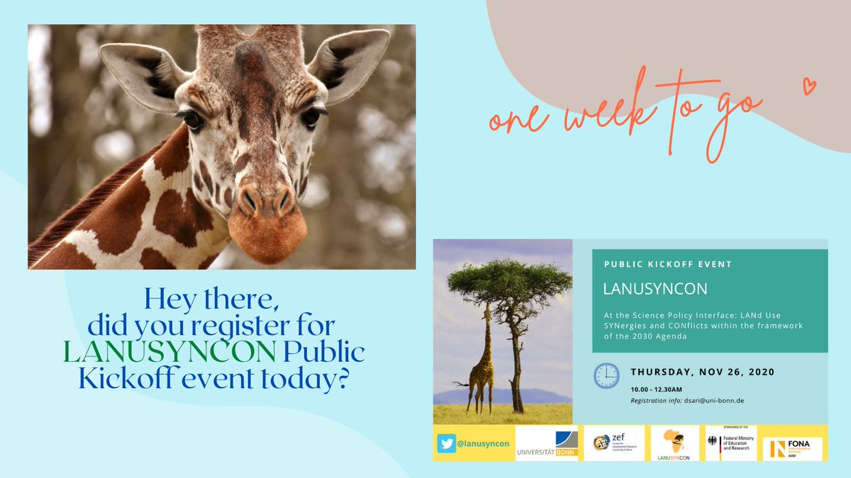 lanusyncon's tweet image. We are still welcoming REGISTRATION on Public Kickoff Event &quot;At the Science Policy Interface: LANd Use SYNergies and CONflicts&quot; forms.gle/bG1uNhc6TNMfhi…  #Landuse #SDGs #sciencepolicyinterfaces @soef_BMBF @ZEFbonn more info: tinyurl.com/y4zjgt6s