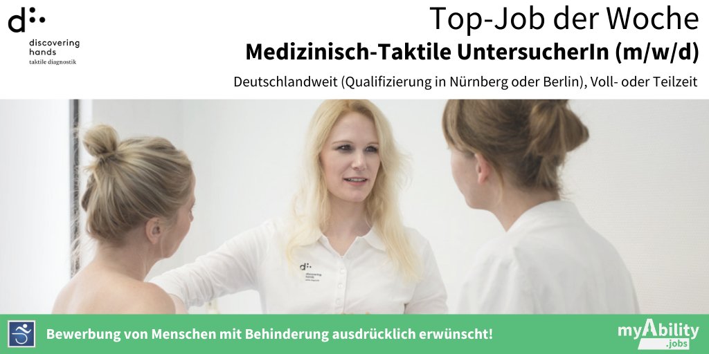 #TopJob für #MmB!

<a href="/discoveringhnds/">discovering hands</a> sucht deutschlandweit Medizinisch-Taktile UntersucherInnen (m/w/d) zur Brustkrebsfrüherkennung in Voll- oder Teilzeit!

Die gesamte Jobausschreibung findest du unter: myability.jobs/de/job/medizin…

#JetztBewerben #InclusionMatters