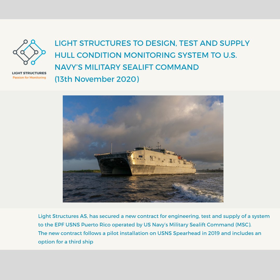 LS_monitoring's tweet photo. Light Structures is proud to announce a new contract for a Fiber Optic Hull Condition Monitoring System for the EPF USNS Puerto Rico operated by US Navy's Military Sealift Command (MSC).
https://t.co/oP8ulNDMjz

#MSC #lightstructuresas #FBG #HSMS #usnavy #military #navy https://t.co/i7CggFnePj