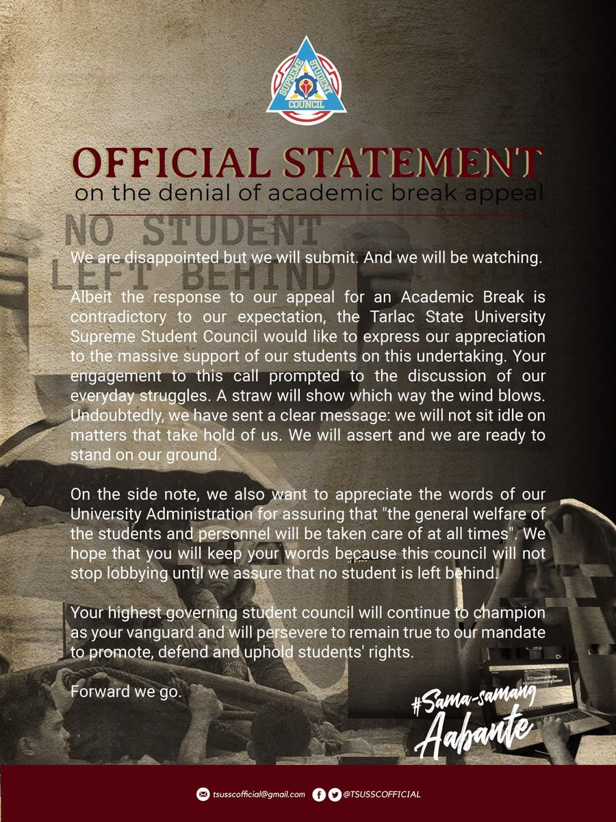 TSUSSCOfficial's tweet photo. Tarlac State University Supreme Student Council's Official Statement on the denial of Academic Break Appeal

#SamaSamangAabante
#TSUSSC2021 https://t.co/yelLlb2OtN