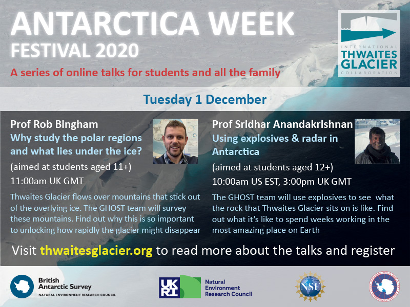 #AntarcticaWeek Festival 2020 lineup has been announced! 
Two talks daily, 30 Nov - 4 Dec, from the #ITGC team for home-schoolers, teachers, students (&amp; the whole family!) about what it's like to live &amp; work in #Antarctica. 
Register: thwaitesglacier.org #ThwaitesGlacier 1/2