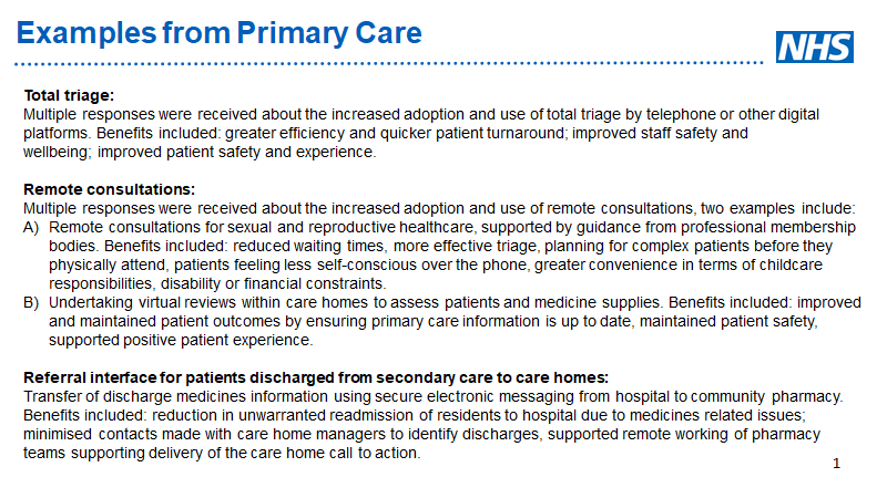 Summary of beneficial changes identified nationally in England in secondary care and examples from primary care.  Which of these are happening in your area?  #QEvent2020 providing pragmatic space to explore and discuss