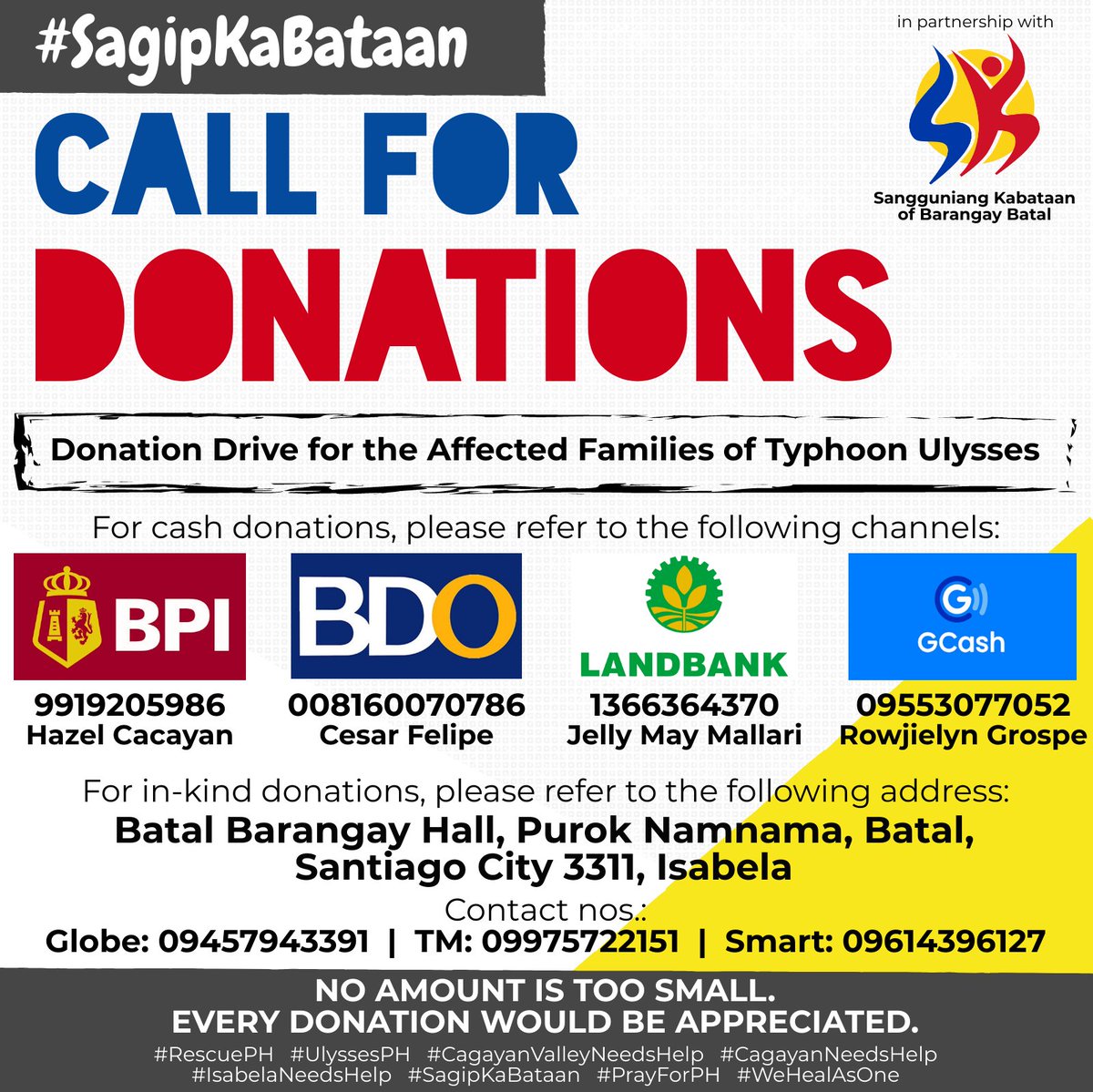 Donation Drive UPDATE as of Nov. 19, 2020 6pm!

Accumulated CASH Donations:
₱39,747.84

Thank you DONORS!
Agyaman kami kada kayo amin!

#RescuePH
#ReliefPH
#UlyssesPH
#CagayanValleyNeedsHelp
#BangonLambak
#IsabelaNeedsHelp
#CagayanNeedsHelp
#SagipKaBataan
#PrayForPH
#WeHealAsOne