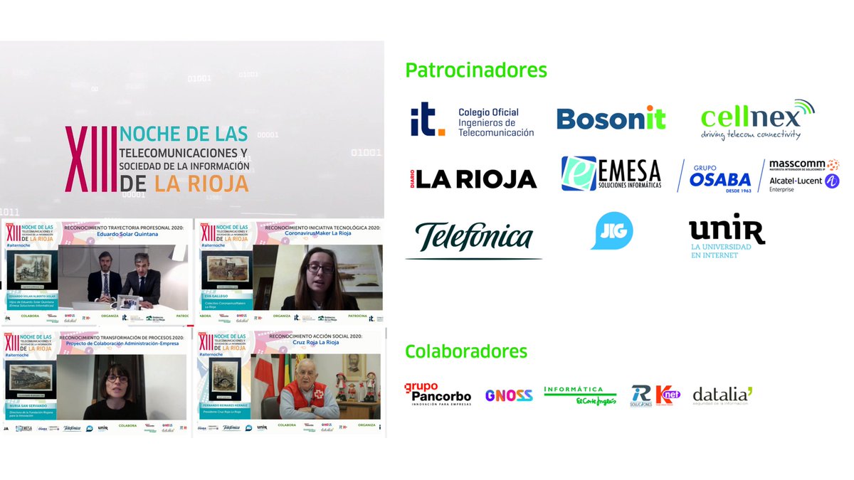 Ya puedes ver el video completo de #aiternoche - Entrega de reconocimientos 2020.
En📺: noche-telecomunicaciones-rioja.es
Agradecidos por el apoyo recibido!
<a href="/lariojaorg/">Gobierno de La Rioja</a> <a href="/COIT_AEIT/">COIT_AEIT</a> <a href="/Bosonit/">Bosonit</a> <a href="/telefonica/">Telefónica</a> <a href="/cellnextelecom/">cellnex</a> <a href="/lariojacom/">lariojacom</a> <a href="/GrupoOsaba/">Grupo Osaba</a> <a href="/jig_es/">JIG</a>
<a href="/EmesaTic/">EMESA 💻</a> <a href="/UNIRuniversidad/">Universidad Internacional de La Rioja (UNIR)</a> <a href="/telefonica/">Telefónica</a>
