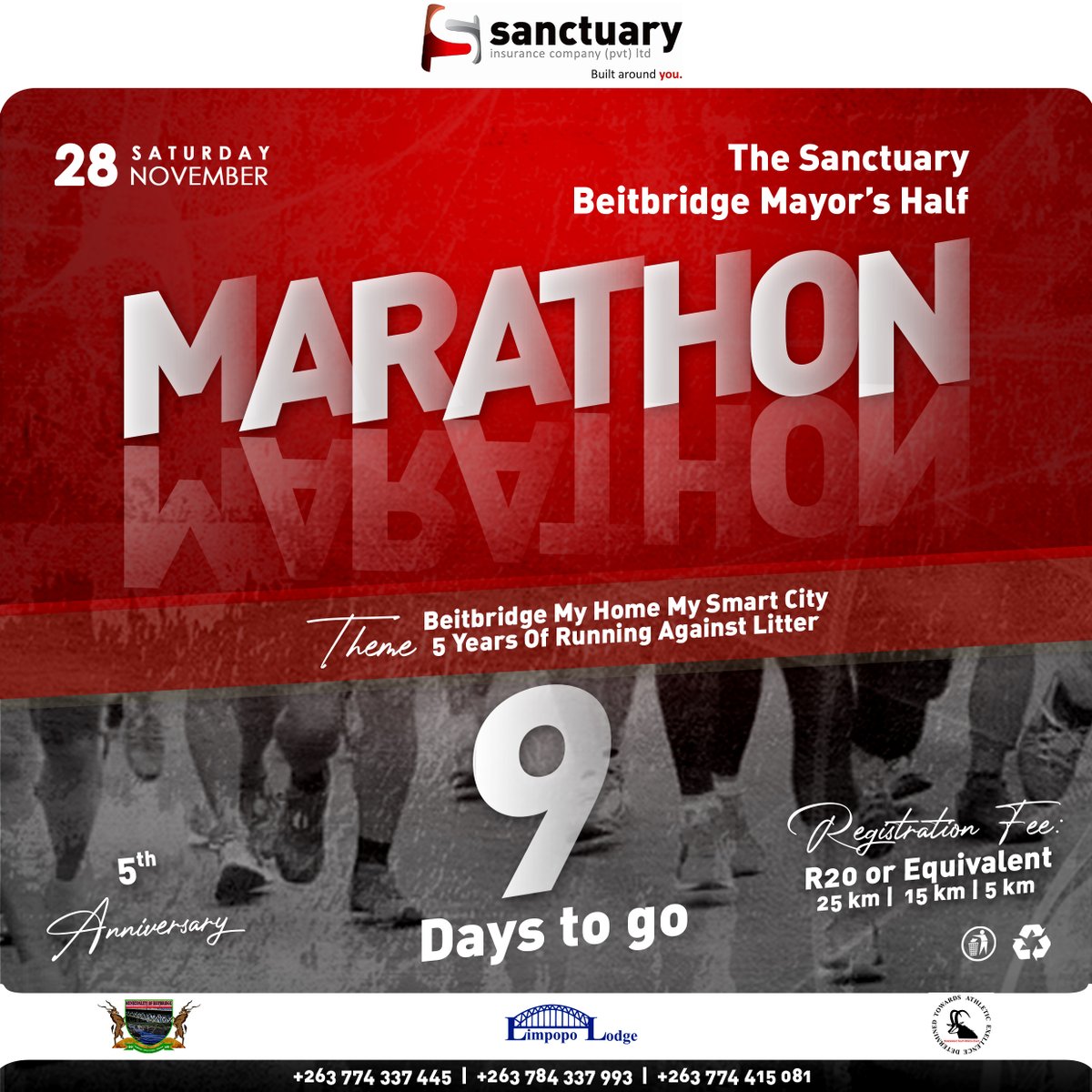 sanctuaryinsure's tweet photo. IT'S BACK AGAIN!!! THE 5th EDITION OF THE SANCTUARY BEITBRIDGE MAYOR'S HALF MARATHON ON THE 28th! REGISTER NOW!!!
#findsanctuary
#peaceofmind
#zimbabwe
#marathon
#running
#beitbridge
#builtaroundyou
#health
#findconvenience https://t.co/KrUL6ZkSQM