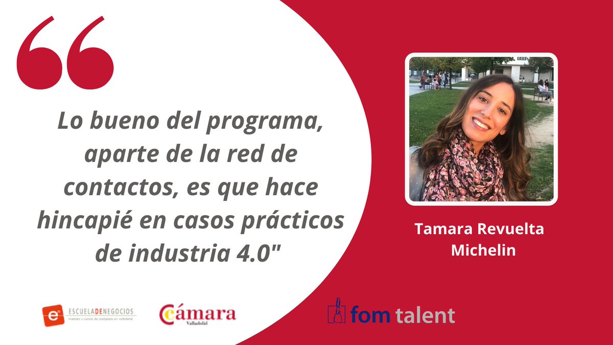 ¿Qué opinan nuestros ex alumnos sobre el Máster en Industria 4.0? ⤵️<a href="/TamaraRevuelta/">Tamara Revuelta</a>, Quality and Process engineer en Michelin y Alumni #i40VALL3 | Infórmate: 
📍Valladolid (enero 2021) escueladenegocio.com/masters/execut…
📍Valencia (27/11/20) peaks.es/business-schoo…