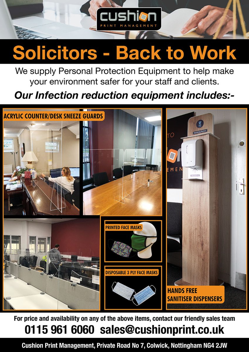 CPMPrintMedia's tweet photo. Solicitors - We are still supplying Personal Protection Equipment throughout lockdown 2. Help make your environment safer for your staff and clients. Contact us to order on 0115 961 6060 sales@cushionprint.co.uk ##facemasks #deskguards #lockdown2 #sanitiserstations https://t.co/bwgWo2CP5C