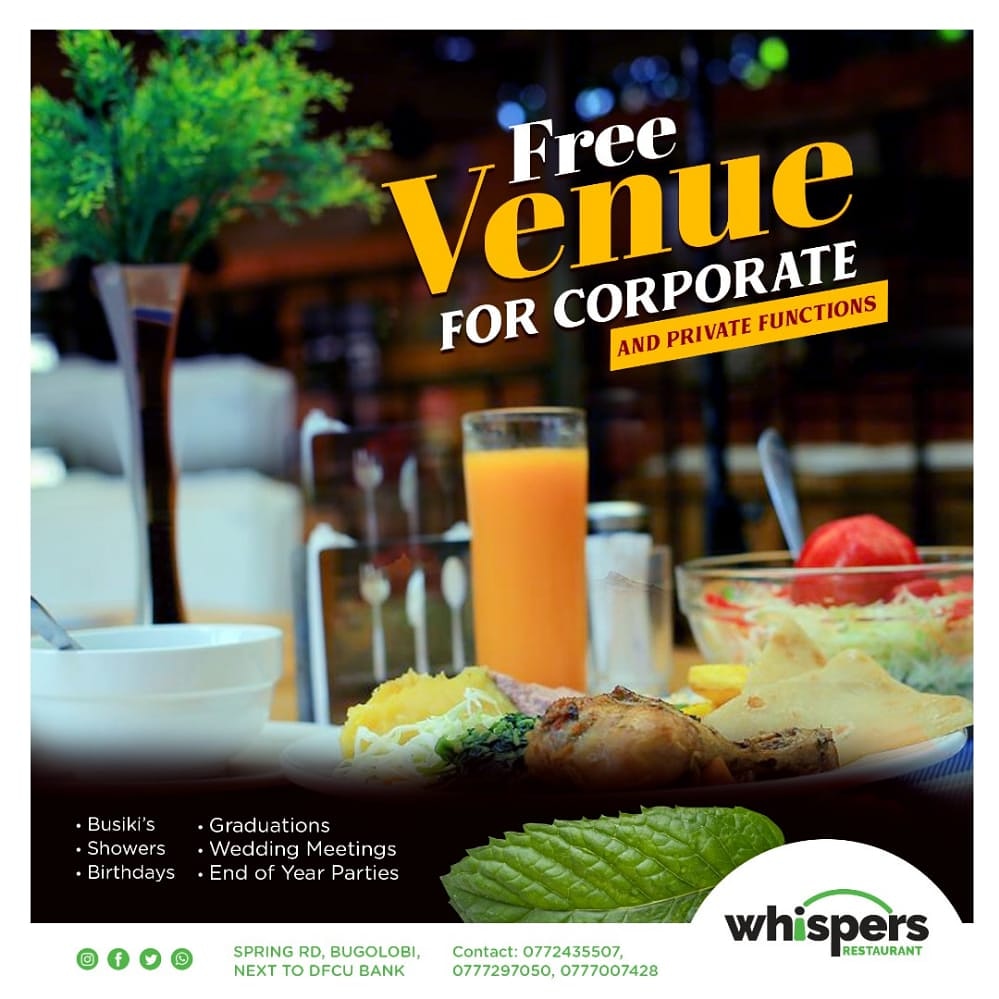 whispers_ug's tweet photo. 😎Do you have an end of year party, birthday🎂 or corporate event🤵 , we are offering 🤗 FREE VENUE at Whispers Bugolobi .

#whispers #Bugolobi #FreeVenue #Restaurant 
NB: we observe Covid19 SOPs

ⓘ  𝗢𝗳𝗳𝗶𝗰𝗶𝗮𝗹 𝘀𝗼𝘂𝗿𝗰𝗲𝘀 𝘀𝘁𝗮𝘁𝗲𝗱 𝘁𝗵𝗮𝘁 𝘁𝗵𝗶𝘀 𝗶𝘀 𝘁𝗿𝘂𝗲 https://t.co/tj1PJpdrPg
