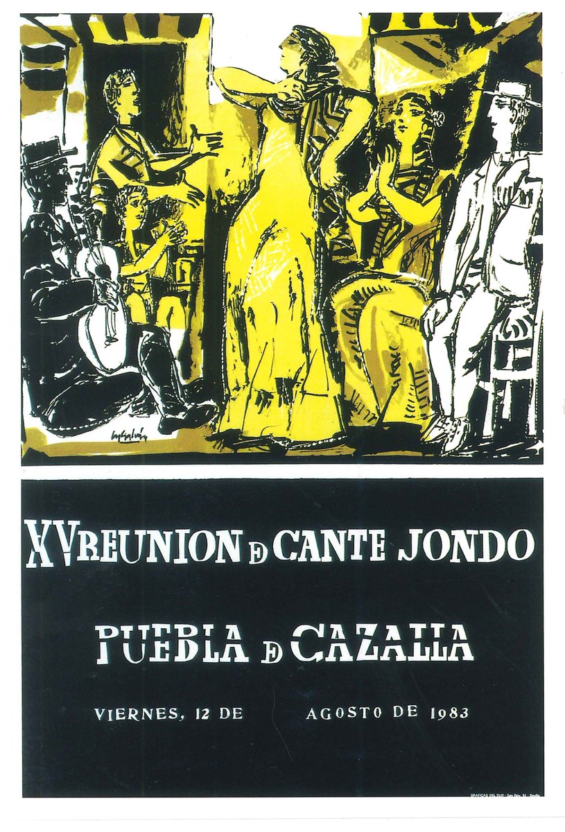 CADFlamenco's tweet photo. Tal día como hoy, 1 de enero, nacía en el año 1925 el gran artista Francisco Moreno Galván, pintor, letrista y maestro de cante flamenco. Lo recordamos con este  gran cartel suyo, para la XV Reunión de Cante Jondo de La Puebla de Cazalla. #CulturaAND #FlamencoAND https://t.co/FSBypoLvTY