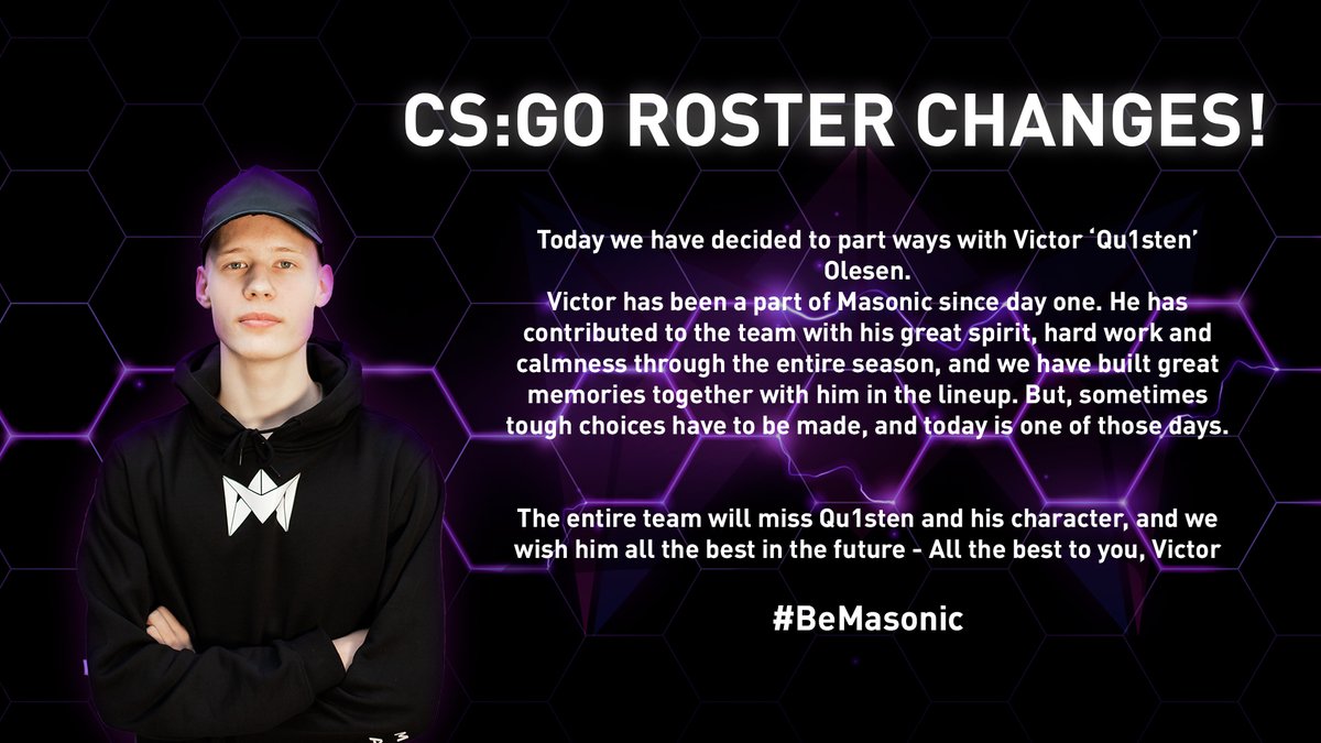 MasonicGG's tweet image. Farewell @Qu1stenCSGO - Thank you for your hard work and good spirit while working with us. 

We wish you the best onwards!