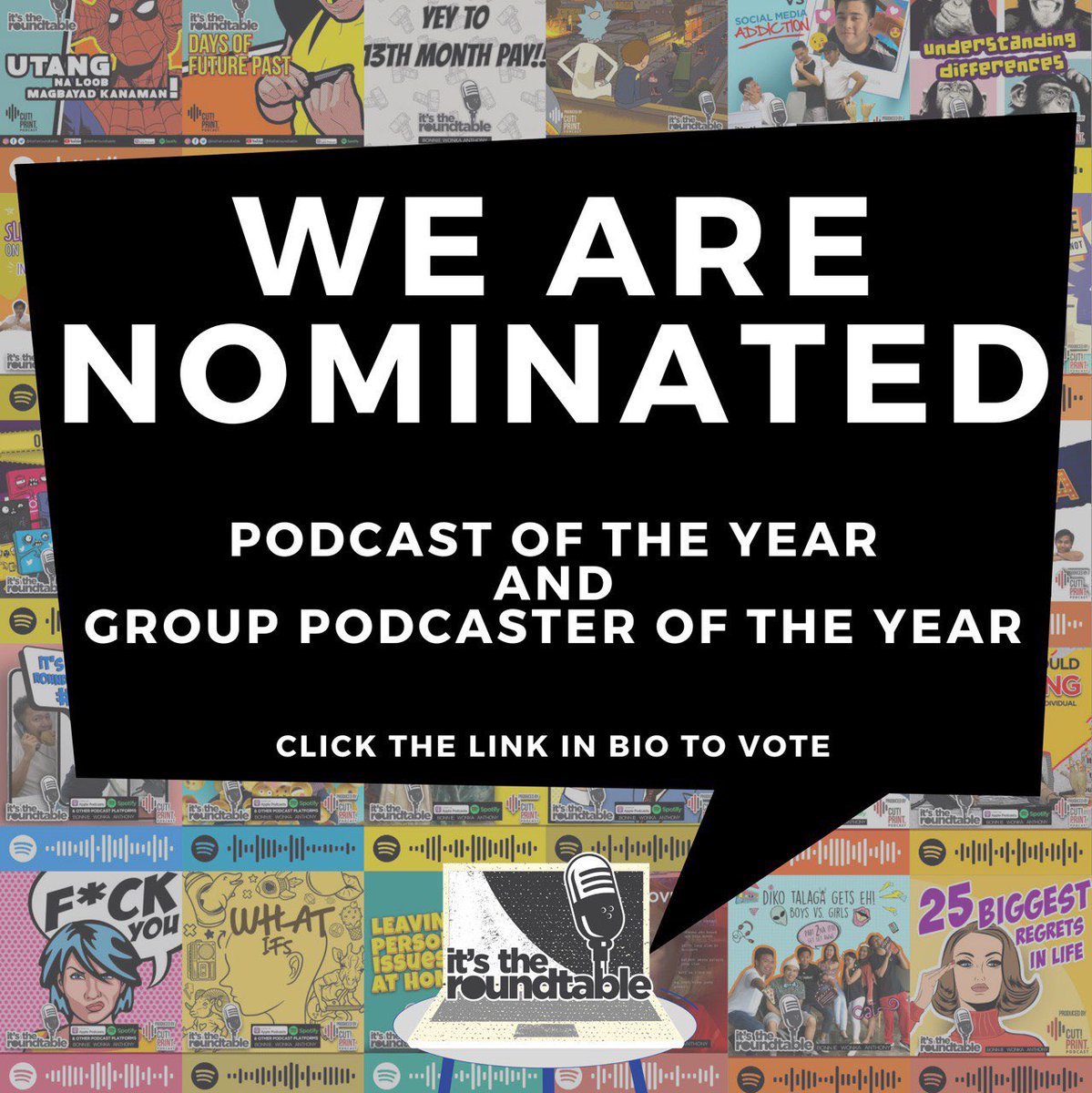 itsdroundtable's tweet photo. WE ARE NOMINATED, VOTE NOW ✨🎉

Thank you @ppd_ph for this recognition . To all the nominees, panalo na tayo dito palang. 

Click the link in bio to vote your fave podcast/podcaster 

Or here- https://t.co/MUhT0Ji8lB

@cutprintpodcast representzz 😉🙏🏽 https://t.co/A5jOJdAg0z