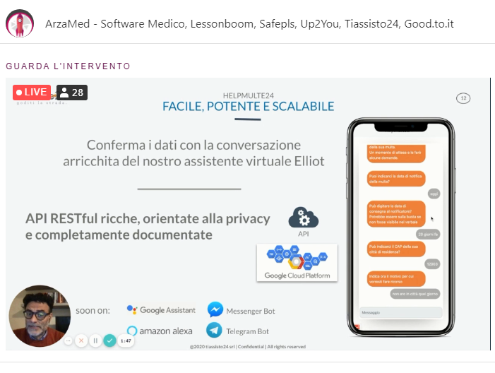 tiassisto24's tweet photo. 📢‼ Il nostro speech è stato mostrato nella sala Pitch Session 1 al #WMF2020!
Fantastica occasione per informare sul nostro nuovo servizio #helpmulte24 e sulle importanti #partnership avviate! @ilfestival https://t.co/gtn8qvJz2x