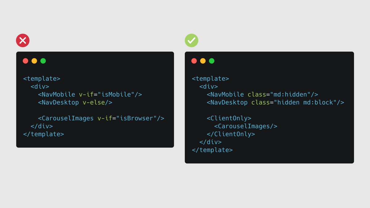 MaOberlehner's tweet image. 📢 PSA: when doing SSR with Vue (@nuxt_js, @gridsome, etc.), always make sure to render the same HTML on server-side and client-side. Use CSS Media Queries for hiding things on different viewports and the &amp;lt;ClientOnly&amp;gt; component for components with no SSR support. #Vue #VueJS