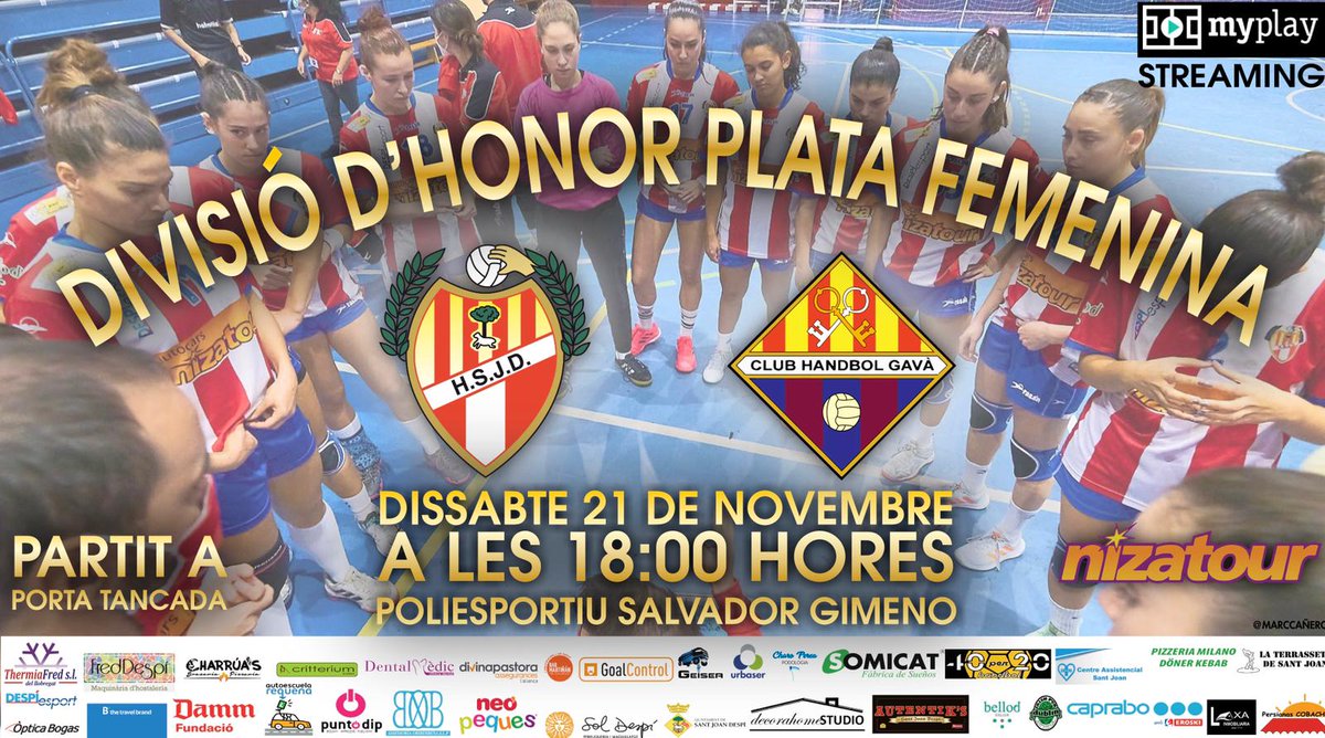 handbolsjd's tweet photo. 🏆 DH PLATA FEMENINA
📆 21.11.2020
🕕 18:00H
🆚 @Clubhandbolgava 
 📍 Pol. Salvador Gimeno

🔛 @nizatoursl @DESPIesport 
 
📺 https://t.co/YayyaJeszS
🚷 Porta Tancada

#HandbolAFocLent 🔥 https://t.co/y8rMQ0LeZs
