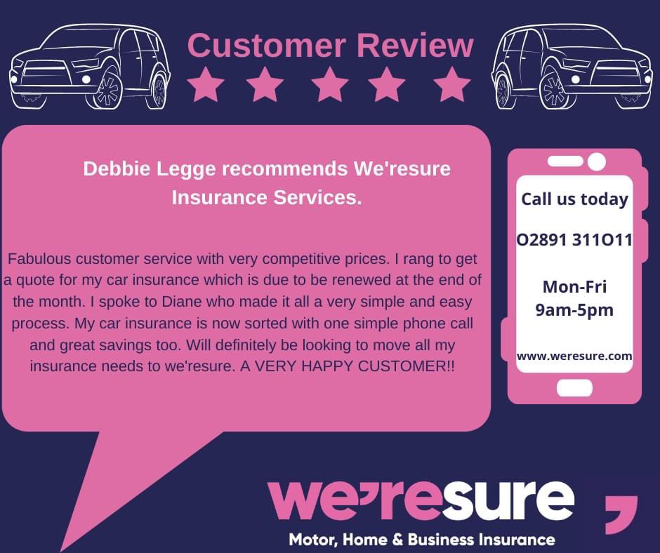 Thank you Debbie for your kind words and making that simple phone call

We're delighted Diane was able to look after you and look forward to speaking to you again soon.

For great deals on car insurance, call our team today on 02891 311011 and leave the rest to us