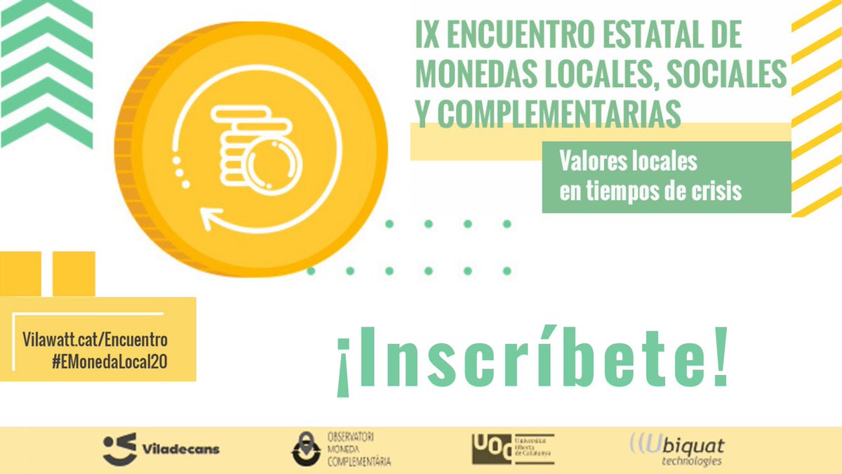 ViladecansTweet's tweet photo. Desde hoy y hasta el 27/11 puedes inscribirte para asistir al IX Encuentro Estatal de Monedas Locales, Sociales y Complementarias. Consulta el programa completo aquí e ¡Inscríbete! https://t.co/BvucmDgMTM
#EMonedaLocal20 https://t.co/vt5RhwbTRU