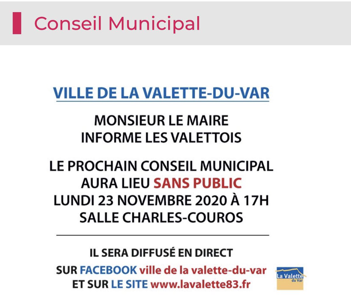 En raison de la crise sanitaire le conseil Municipal du 23 novembre se tiendra sans public vous pourrez le suivre sur les réseaux sociaux et le site de la ville.