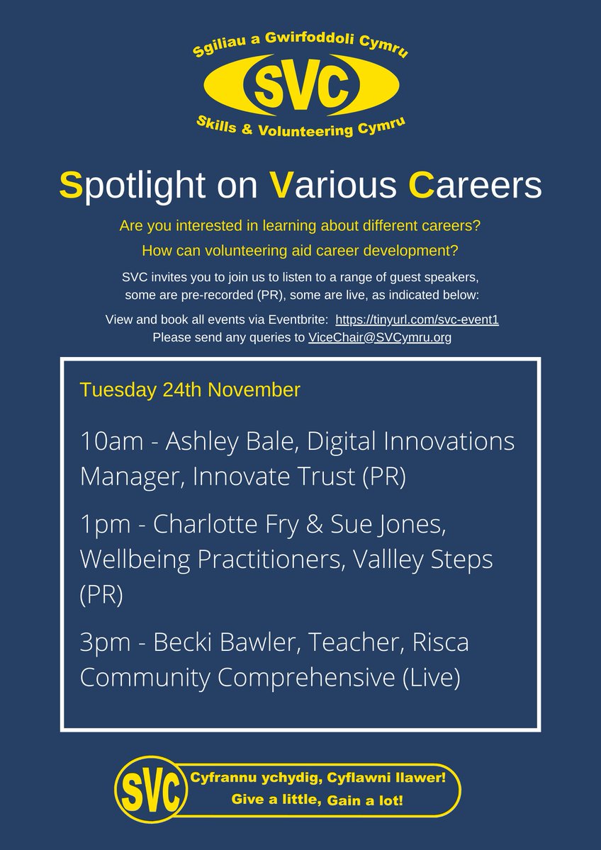 SVC are hosting talks about the careers of Ashley Bale (<a href="/InnovateTrust/">Innovate Trust</a> <a href="/AshleyBaleUK/">Ashley 🌱</a>), Ben Cooper, Charlotte Fry, Sue Jones (<a href="/ValleysSteps/">Valleys Steps</a>) and Becki Bawler (<a href="/RiscaCCS/">Risca CCS</a> ) on Tuesday 24th November. To watch these free presentations, book your tickets here: buff.ly/2UC8lgg